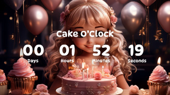 Birthday party and cake countdown timer and beautiful blonde princess.