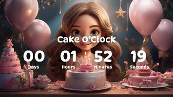 Birthday party and cake countdown timer brown haired girl.