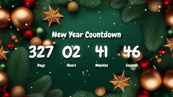 New Year Countdown Timer With Cute Golden Ornaments Green Background