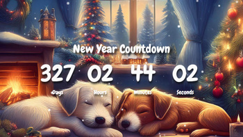 New Year Countdown Timer With Two Cute Dogs Sleeping By The Fireplace